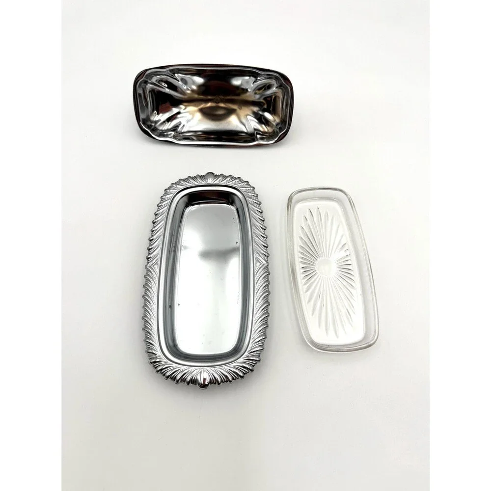 Vintage Silver Metal Butter Dish with Lid Glass Covered Butter Dish